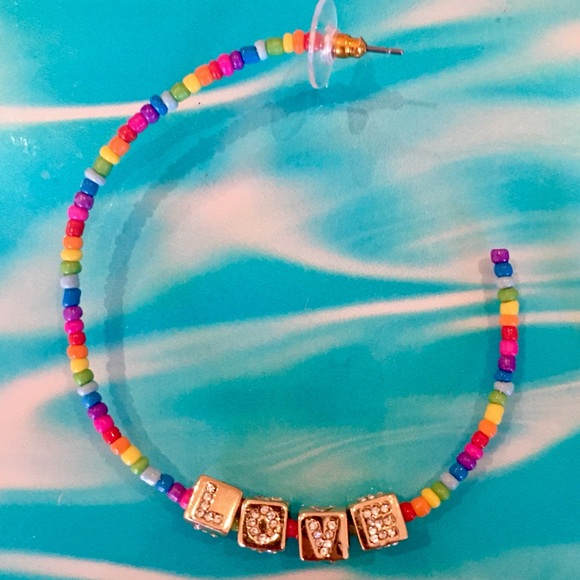 Betsey Johnson LOVE Rainbow Beaded Hoop Earrings - Picture 6 of 16